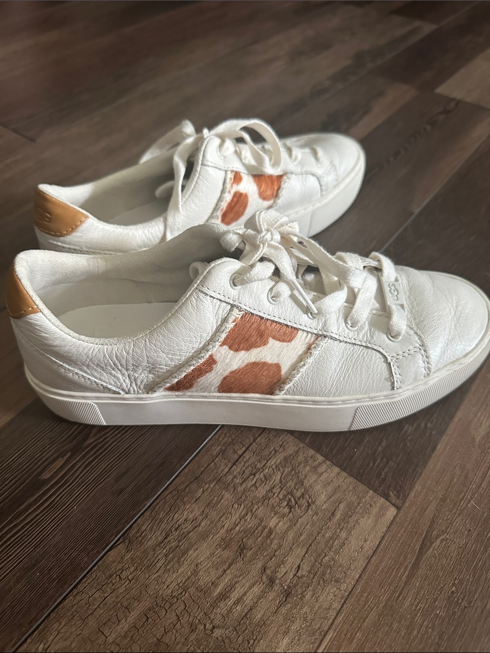 UGG Dinale White Leather Sneakers with Tan Cowprint Accent